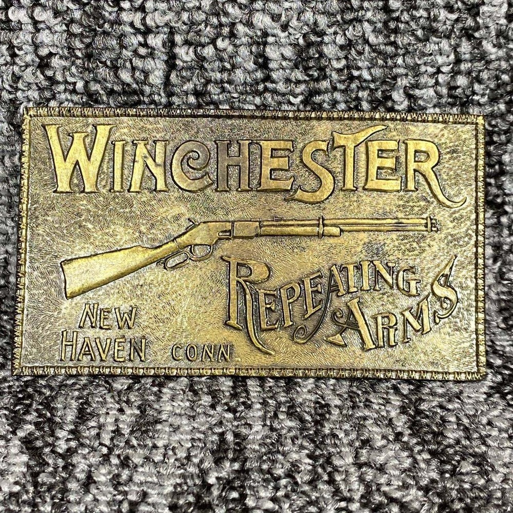 Vtg Winchester Repeating‎ Arms Brass Belt Buckle Lever Action Rifle New Haven CT
